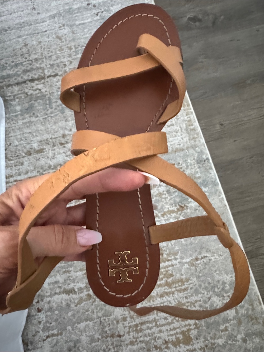 Tory Burch Tan Leather Strappy Sandals with Logo Medallion